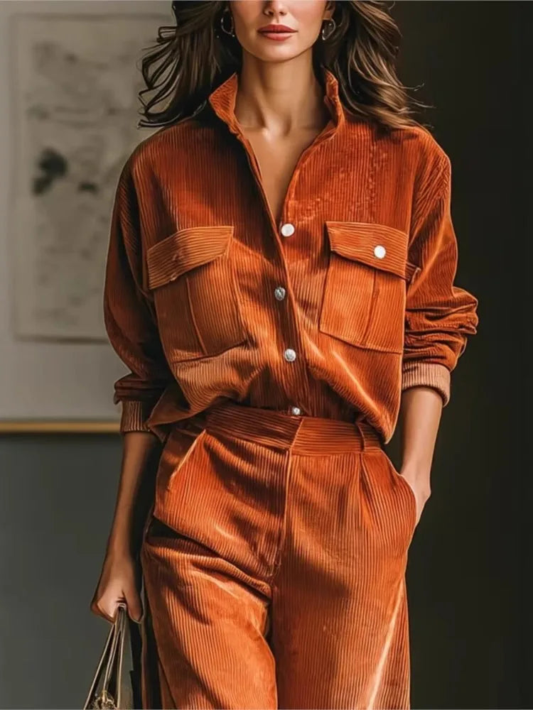 Simple Solid Color Casual Two-piece Set Women's Spring Retro Fashion Corduroy Long-sleeved Shirt Wide-leg Pants...