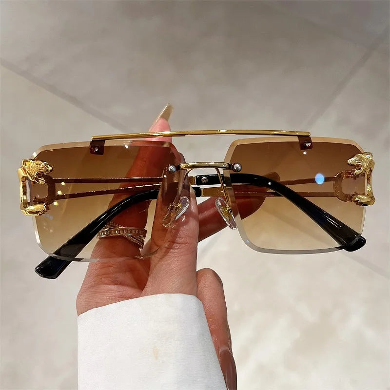 KAMMPT Vintage Rimless Sunglasses Men Women Fashion Oversized Square Shades Eyewear New Double Bridge Gradient UV400 Sun...