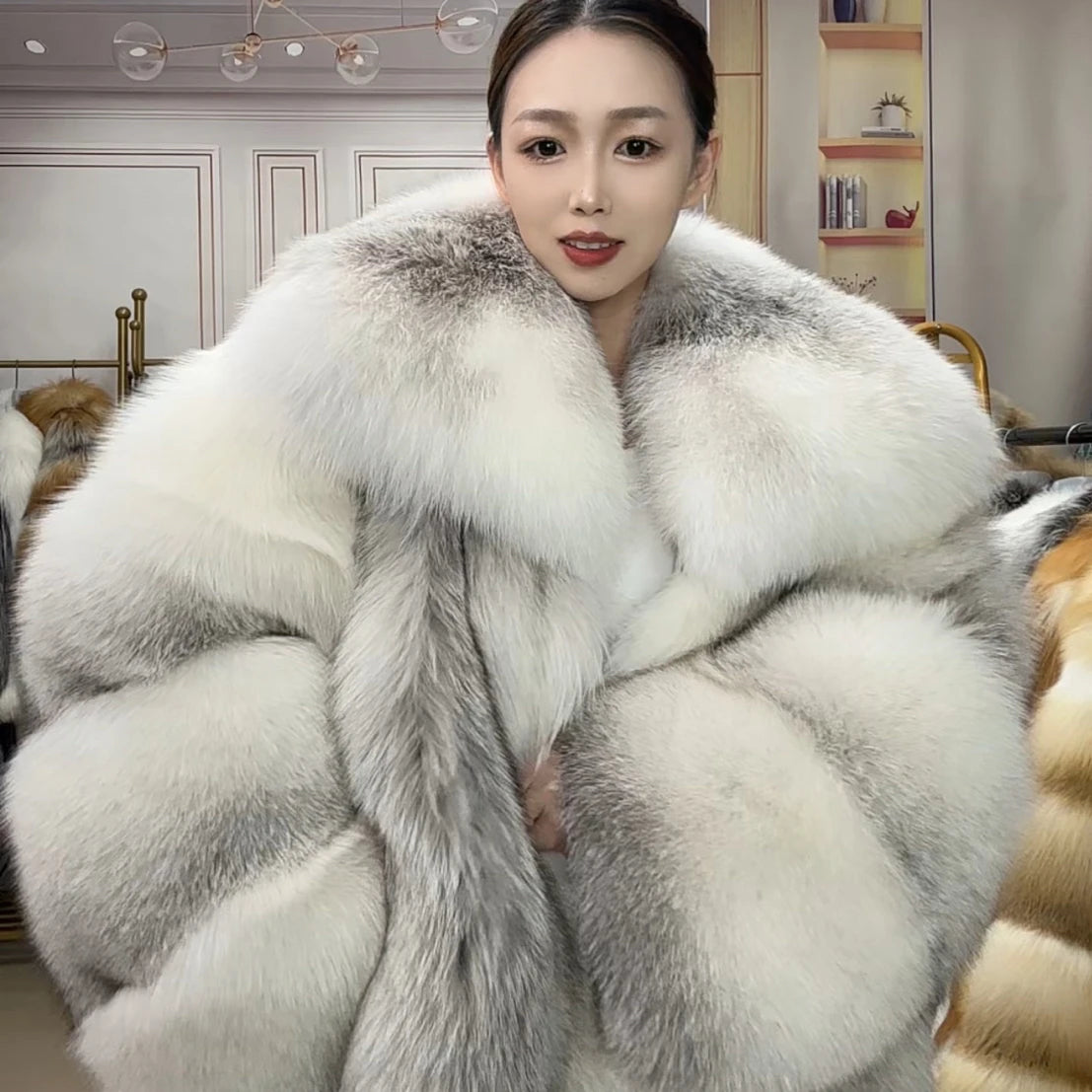 2025New Winter Luxury Warm Finnish Fox Fur Grass Coat Women's Jacket Full Leather Medium Long Fashion Plus Size RealFox...