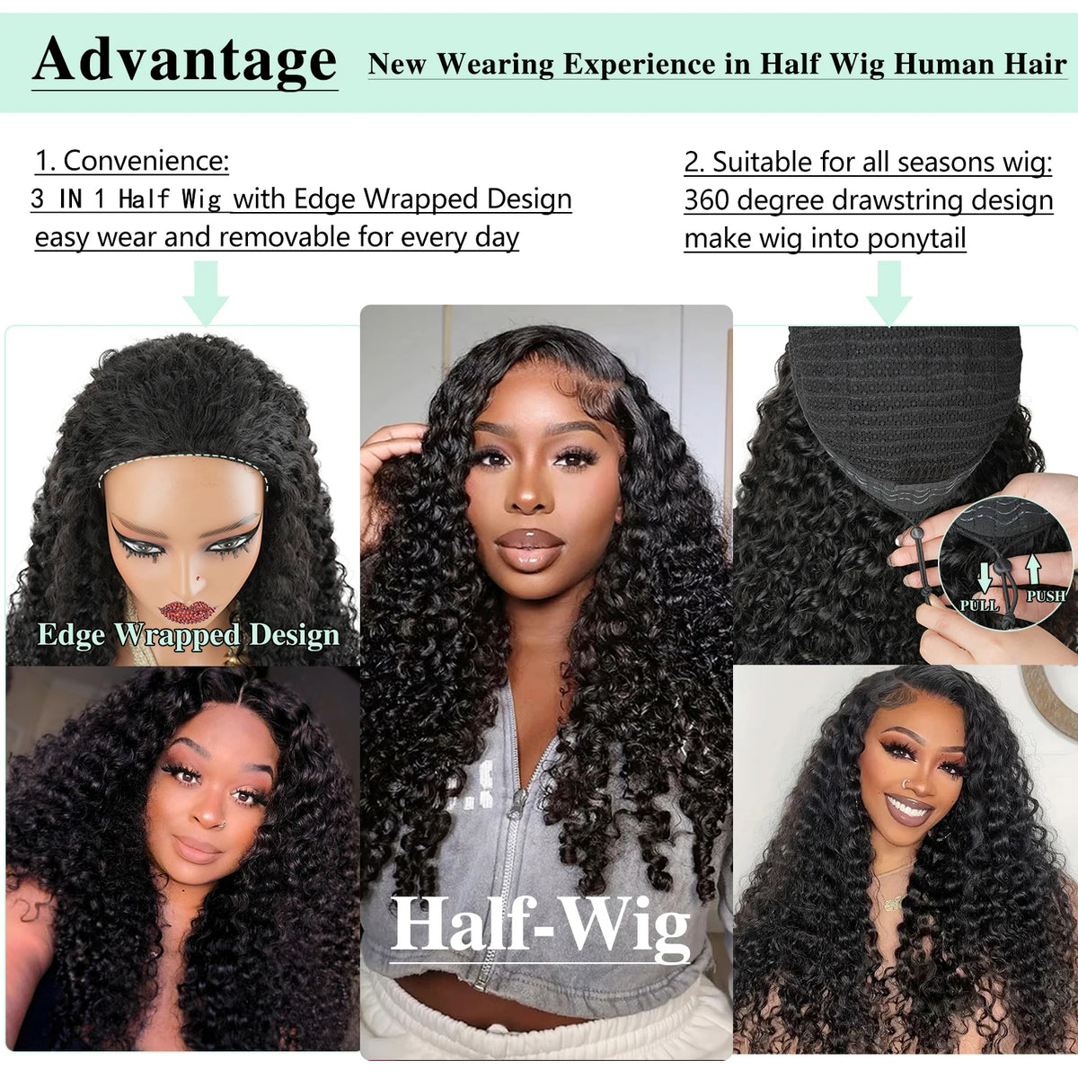 New Arrival 250 Density Burmese Curly Brazilian Kinky Curly Machine Half Wig Seamless Flip Over Headband 3 IN1...