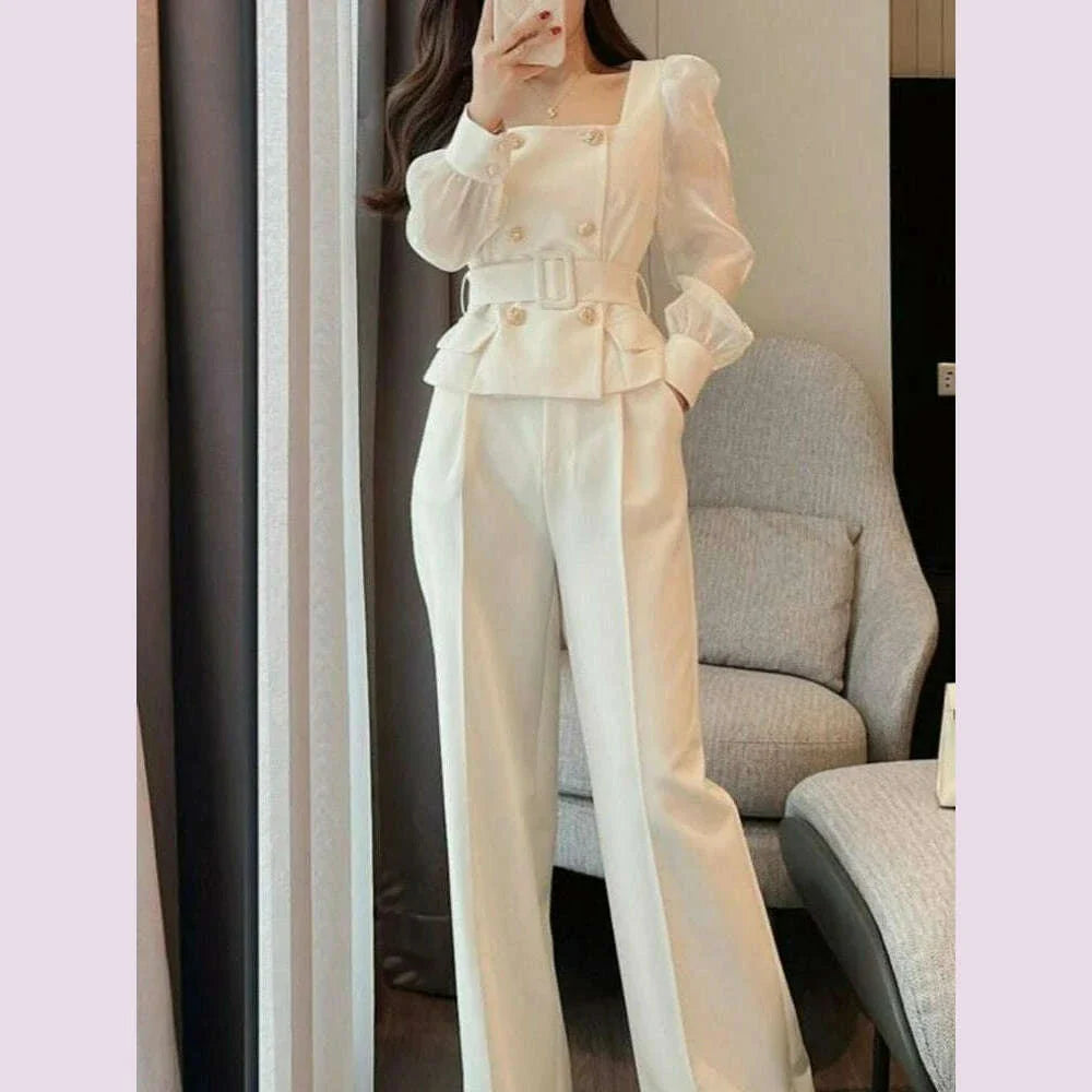 Sets Women Chic Korean Style Spring New Graceful Square Collar Tops Simple Wide Leg Pants Temperament Office Ladies Two Pieces