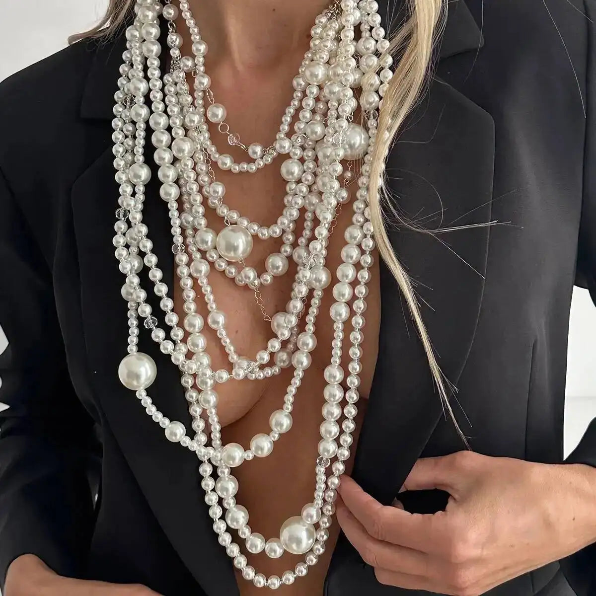 SHIXIN Exaggerated Multi-layer Imitation Pearl Choker Necklace Women Luxury Long Tassel Pendant Sweater Chain Bridal Wed Jewelry