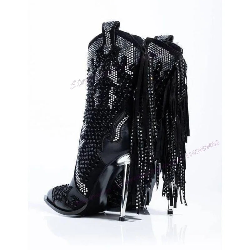 Black Tassel Crystal Decor Ankle Boots Pointed Toe Shoes for Women Thin High Heels Sexy Runway Shoes 2025 Zapatos Para Mujere