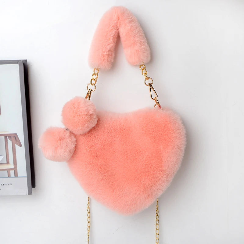 Large Capacity Fur Handbag Heart Shape Ladies Shoulder Bag Fashionable Cute Soft Zipper Closure Interior Phone Pocket