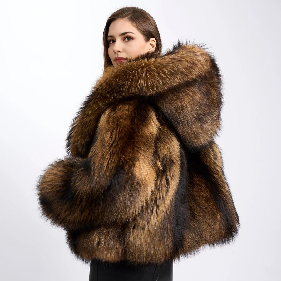 Genuine Raccoon Fur Coat With Hood Women's Winter Jacket Real Full Skin Raccoon Fur Jacket High Quality Natural Fur Jacket