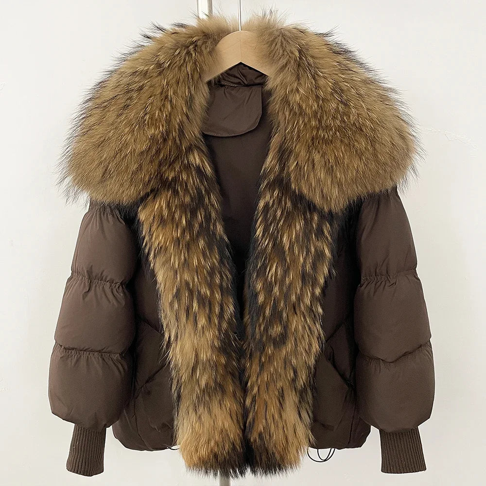 OFTBUY Large Real Raccoon Fur Jacket Knit Sleeve Real Fur New Winter Puffer Jacket Women White Duck Down Coat Oversized Feather