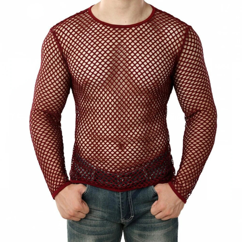 Men Transparent Sexy Mesh T Shirt 2024 New See Through Fishnet Long Sleeve Muscle Undershirts Nightclub Party Perform...