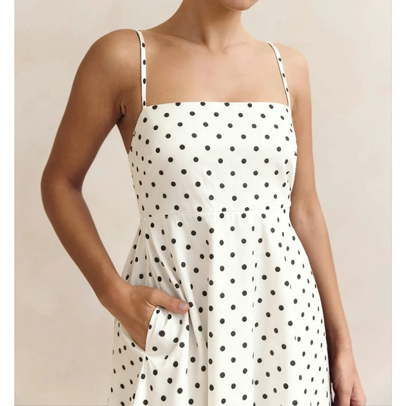 Women's Summer Slip Dress Dot Print Sleeveless Spaghetti Strap Smocked Backless Flowy Long A Line Dress with Pockets |...