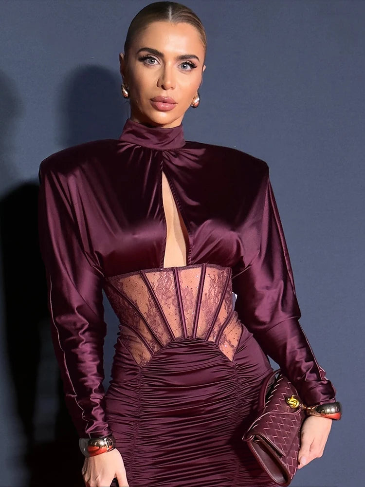 VC Elegant Burgundy Satin Mini Dress with Lace Corset Detail Long Sleeve High Neck Ruched Party Dress for Evening Events & Prom