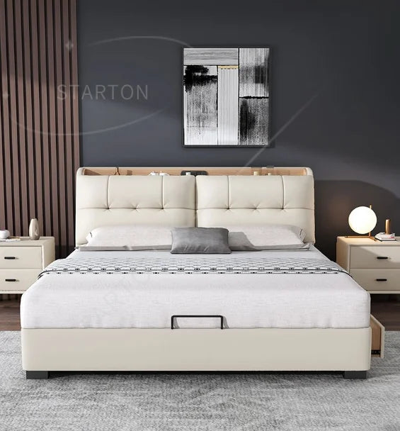 Pure White Nordic Style Oak Panel Queen Bed Frame Steel Frame Cama Modern Bed Queen Size Bed | Kimlud Luxury Bed