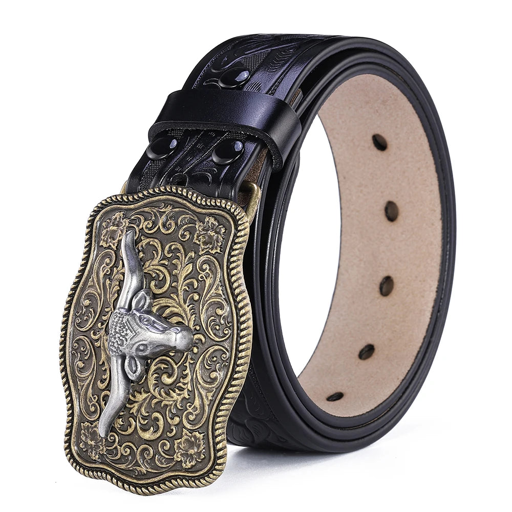 Western Belt Men Genuine Leather Belts for Men Women Cowboy Cowgirl Big Letters Buckle Gold Male Belts Long Black Brown Quality