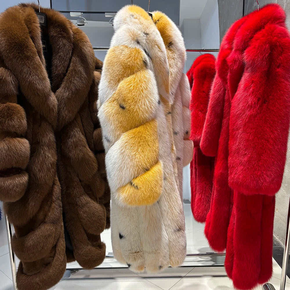 YOLOAgain Luxury Real Fox Fur Jacket Women Long Fur Coat 2025 Winter Warm