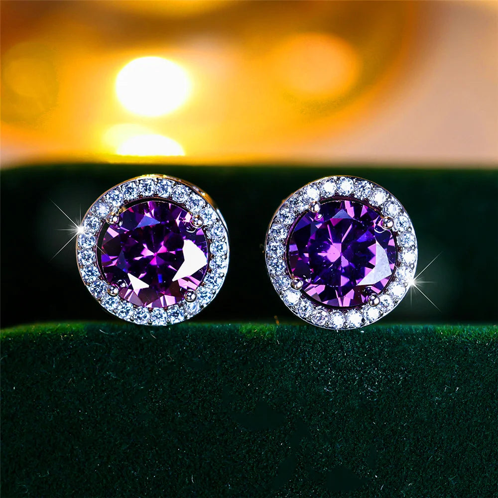 Luxury Female Crystal Purple Blue Green Round Stud Earrings Silver Color Wedding Jewelry For Women | Kimlud Luxury Jewelry