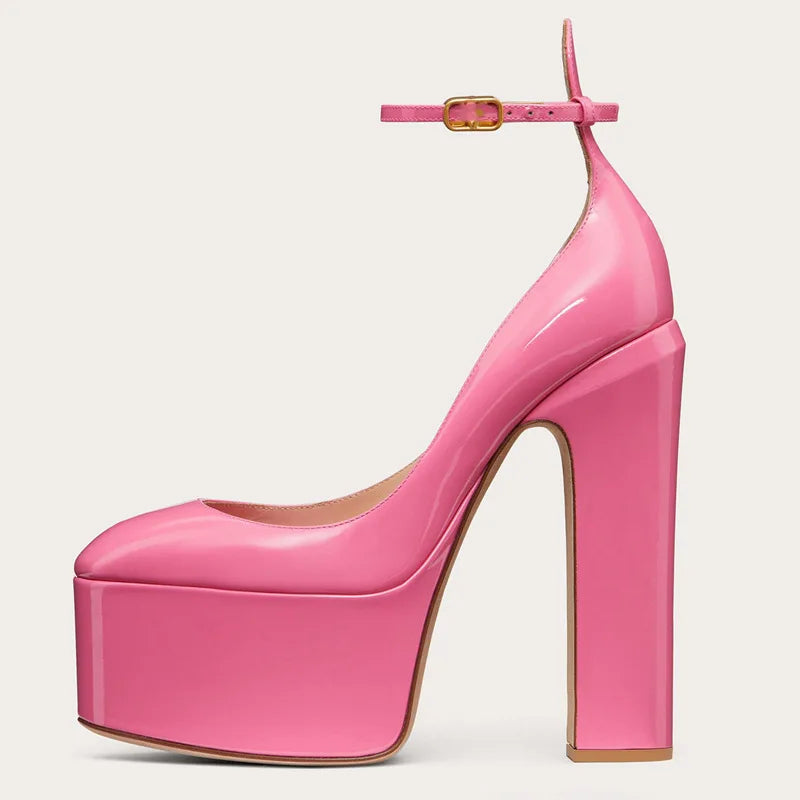 Women New European And American Style Super High Heels Patent Leather Round Toe Thick Sole Large Size Thick Heel Shoes