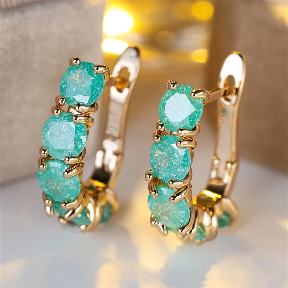 Green Pink Aqua Blue Ice Flower Zircon Hoop Earrings For Women Vintage Gold Color Wedding Jewelry Christmas Gifts |...