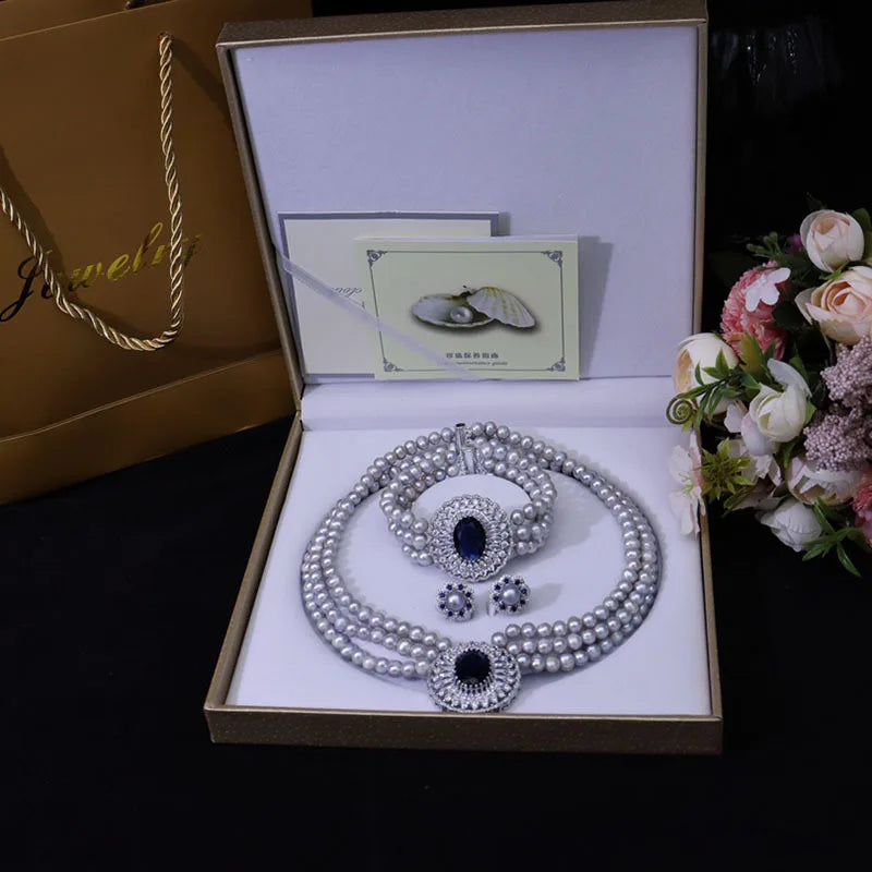 Natural freshwater pearl necklace set High-end luxury Czech rhinestone necklace women's wedding party jewelry accessories