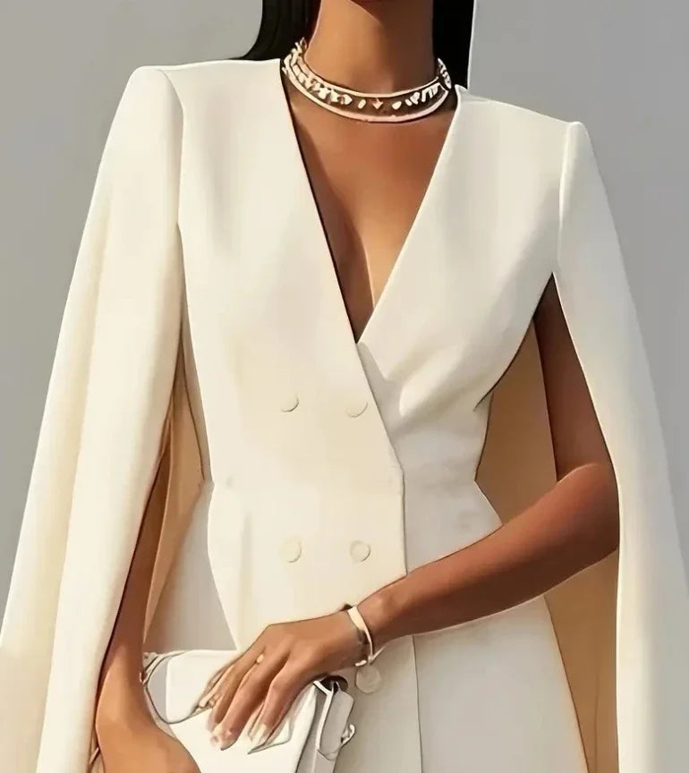 Women Dresses 2025 Spring Autumn New Commuting Double Breasted Shawl Cape Solid Color V-Neck Mini Dress Fashion Women's Clothing - Kimlud