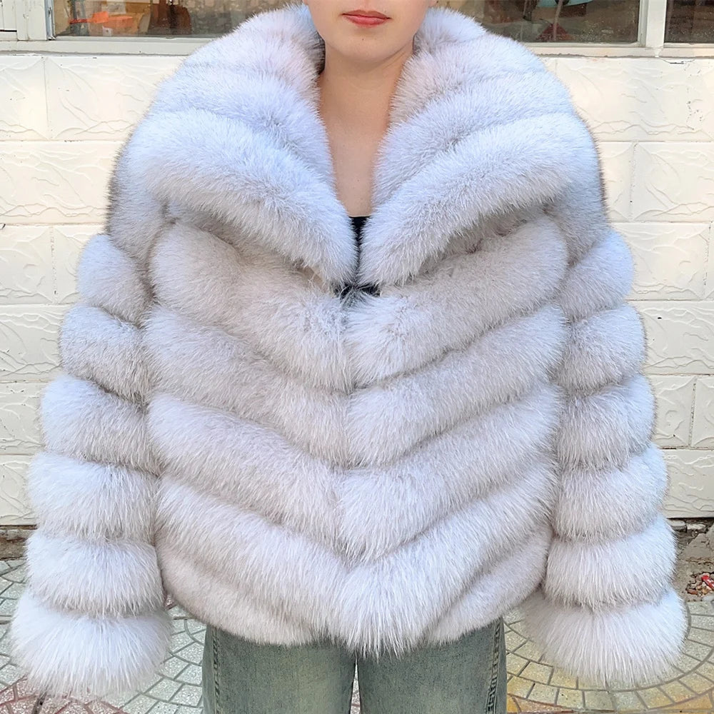 QUEENTINA Winter New Women's Real Fox Fur Coat With Collar Overcoat Leather Female Natural Plus Size