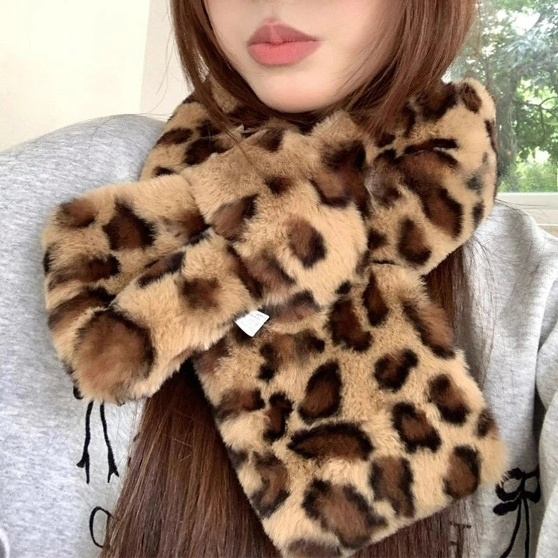 Winter Leopard Faux Rabbit Fur Scarf Women Girls Scarf Soft Plush Scarves Solid Color Neck Collar Warmer Stuff Christma Gift
