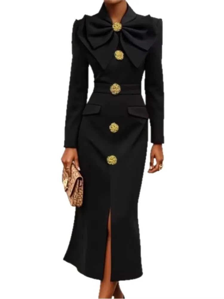 Women's New Formal Evening Dress Bow Tied Buttoned Long Sleeve Slim Long Dress 2026 Autumn Female Elegant Black Party Dresses