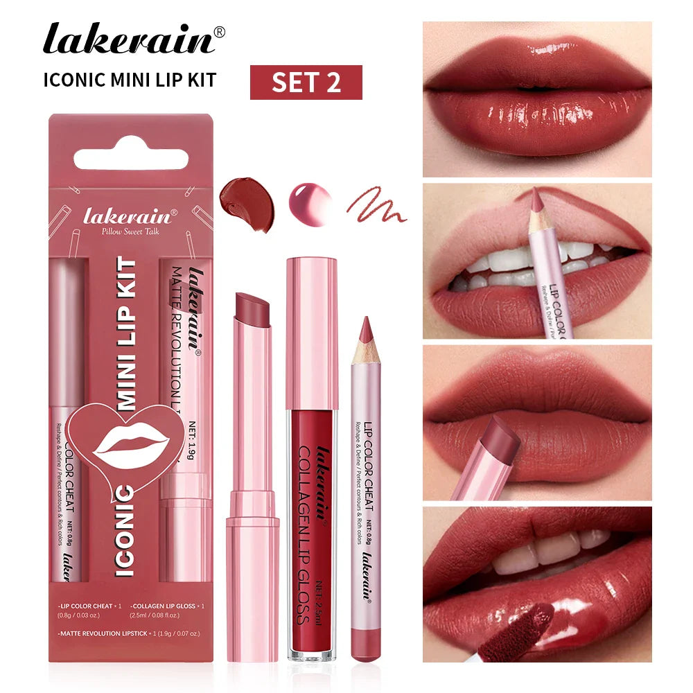 lakerain 3pcs mini matte lipstick+lip gloss+lip liner set precise outline three-dimensional lip plumping lipstick set