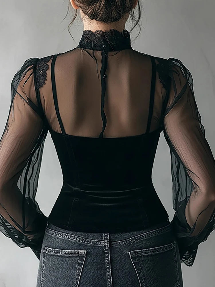 Vintage Elegant Mesh Women Blouse Black Mesh Sheer Slim High Neck Lace Gothic Punk Corset Top Long Sleeve Velvet Fashion Blouses