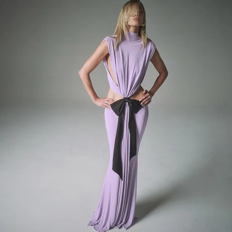 Sexy Elegant Backless Bow Lace Up Maxi Dress Women Sleeveless Hollow Out Party Evening Long Dresses White Purple Robes