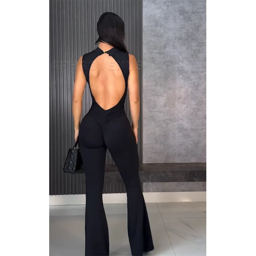 Sexy Women's Summer Mesh Hollow Out Jumpsuit Sleeveless Romper with Sheer Lace Panel High Waist Casual Wide Leg Pantsuit Outfit - Kimlud