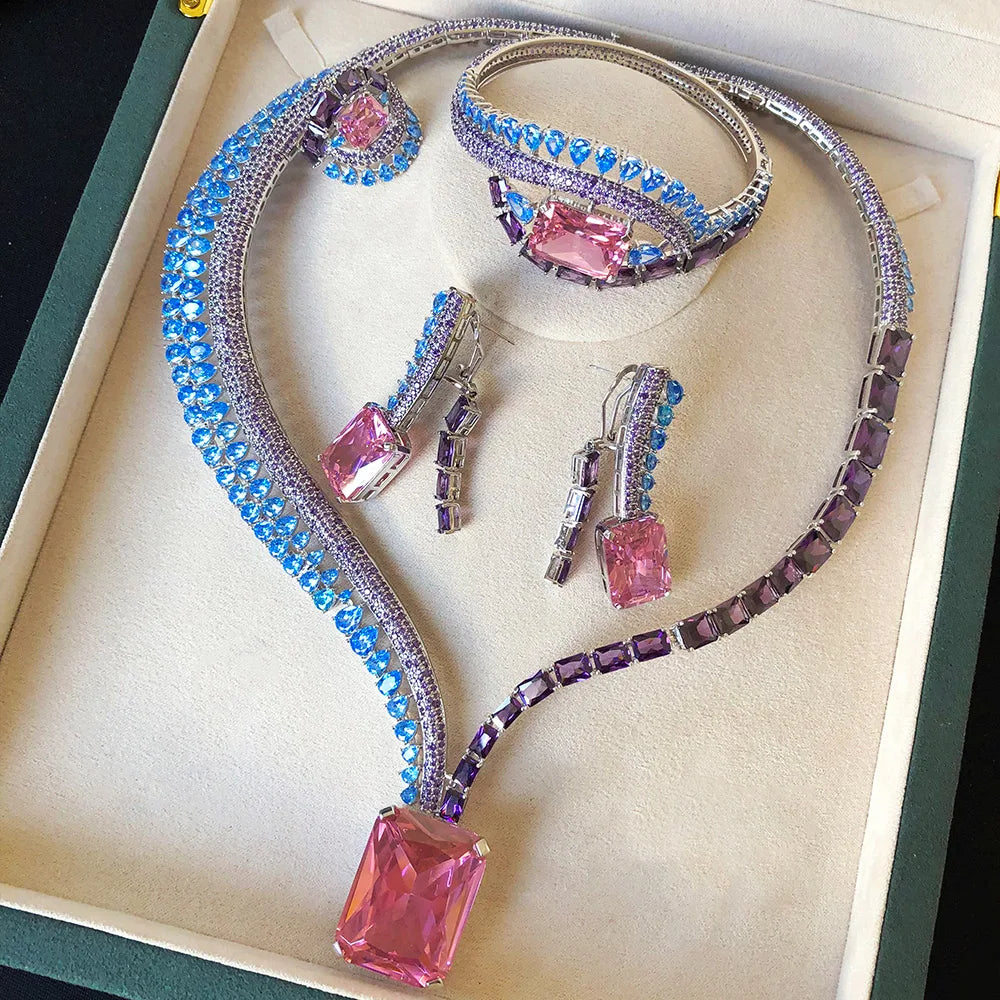 GODKI New Trendy 4PCS Pink Multi Luxury Feather Jewelry Set For Women Wedding Party Zircon Crystal Dubai Bridal Necklace Gift