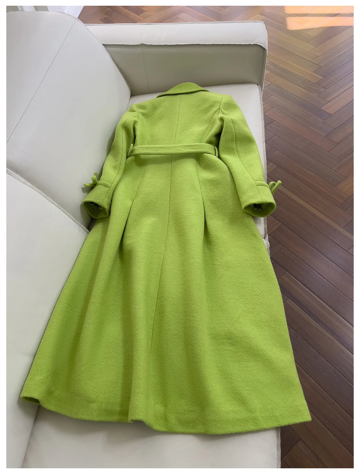 IEQJ Fashion Autumn Winter Green Woolen Coat Women Turn Down Collar Long Sleeves Double Breasted Sashes Slim Blends Coats New