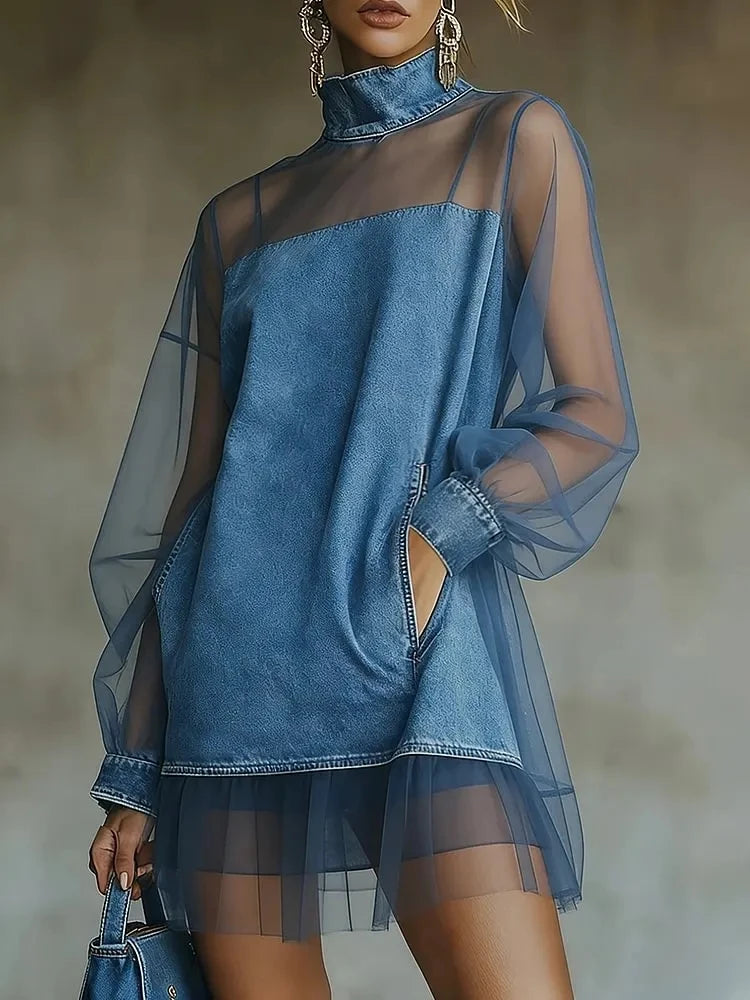 Denim Mini Dress For Women Fashion Turtleneck Tulle Denim Patchwork Long Sleeve See Through Loose Party Dresses Femme Vestidos - Kimlud