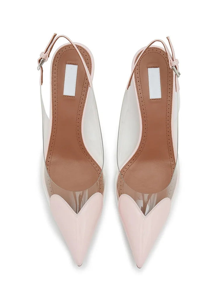 2025 New Pointy Peach Heart Fine Heel Shoes Sexy Pvc Transparent Film Black Patent Leather High Heel Overhead Sandals