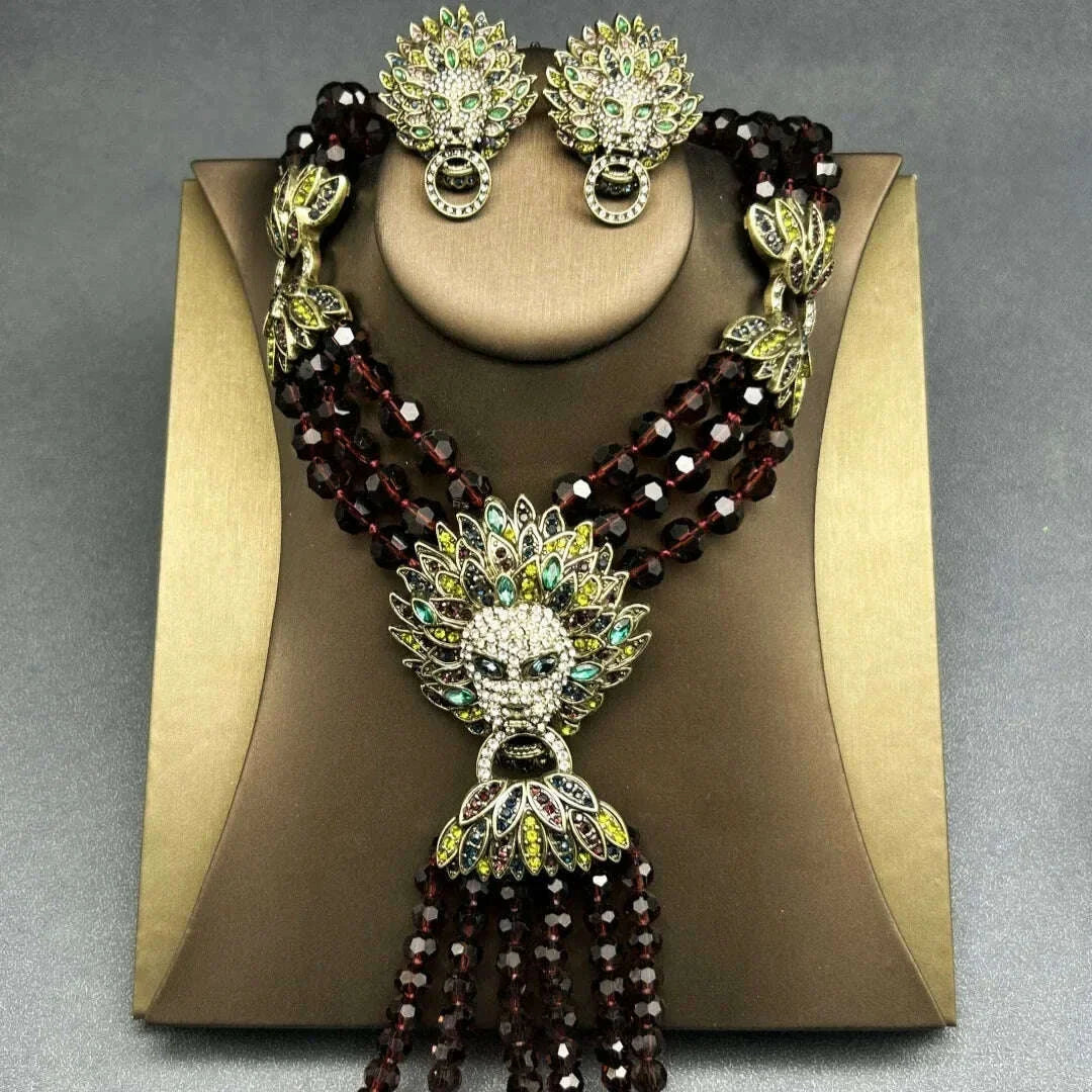 Medieval Vintage Palace Retro Full Inlaid Lion Head Heavy Multi-layer Tassel Necklace Earrings Set
