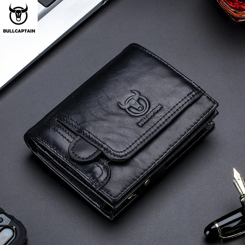 BULLCAPTAIN RFID Blocking Men's Wallet Man Vintage Cow Genuine Leather Wallet Male Handmade Billfold Coin Purse Short Wallet