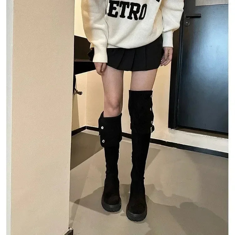 Over The Knee Cowboy Boots Women Designer Winter Platform Shoes Fashion Fur Suede Wedges Thigh High Boots Motorcycle Shoes 2024
