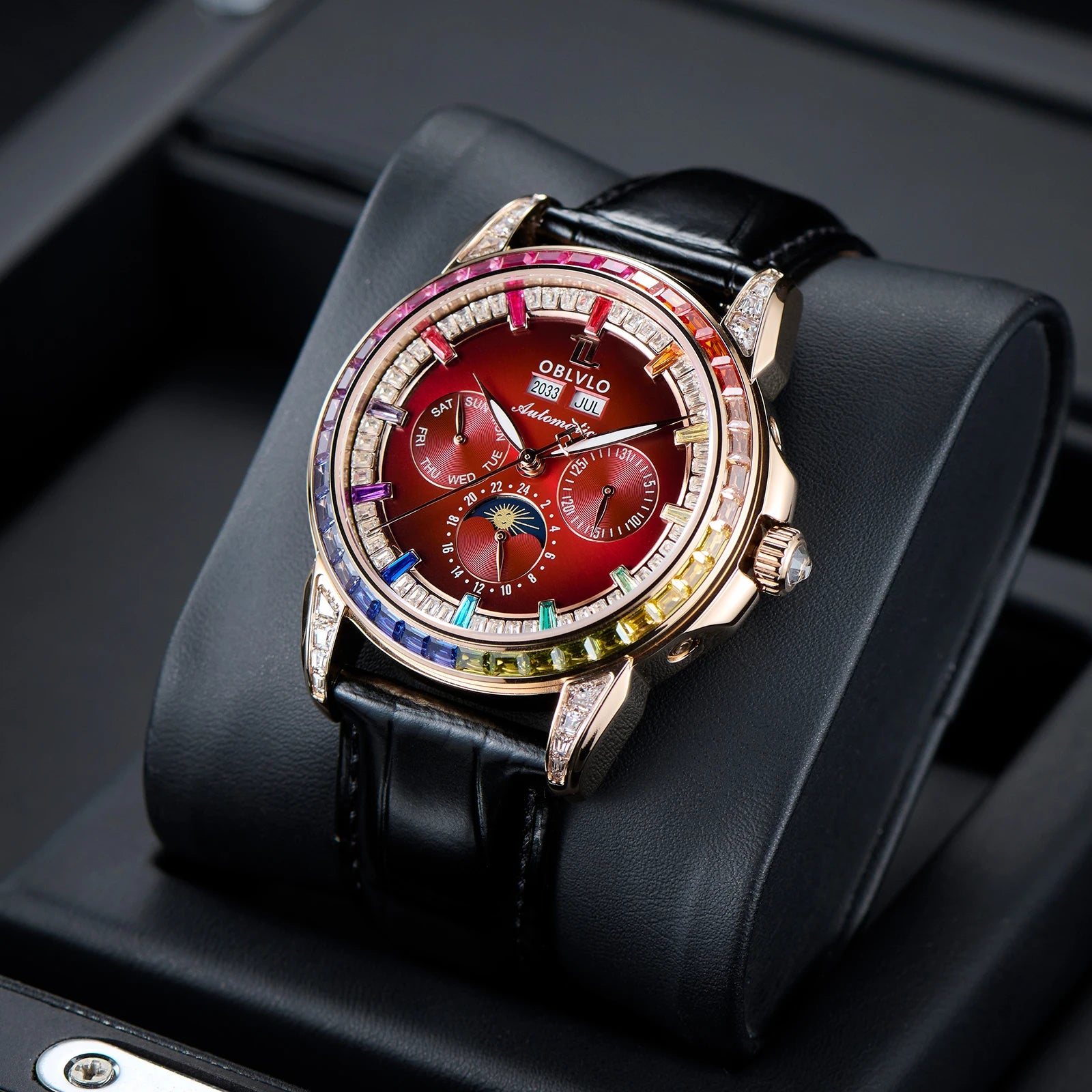 OBLVLO Men's Fashion Automatic Watch Colorful Zircon Moonphase Mechanical Multifunctional Black Leather Strap Timepiece...