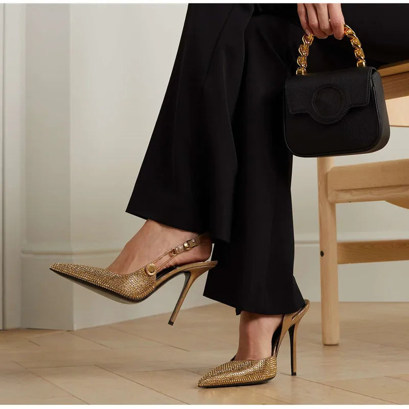 Women Shoes Luxury Rhinestones Sequined Buckle High Heels Elegant Pointed Toe Slingbacks Stiletto Shoes for Women Fashion Shoes