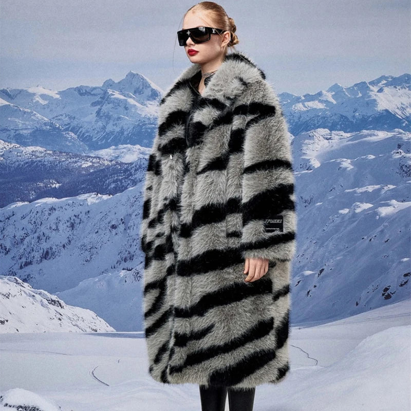 Women's fur coat new fashion zebra print imitation fox fur coat long winter leisure and warm