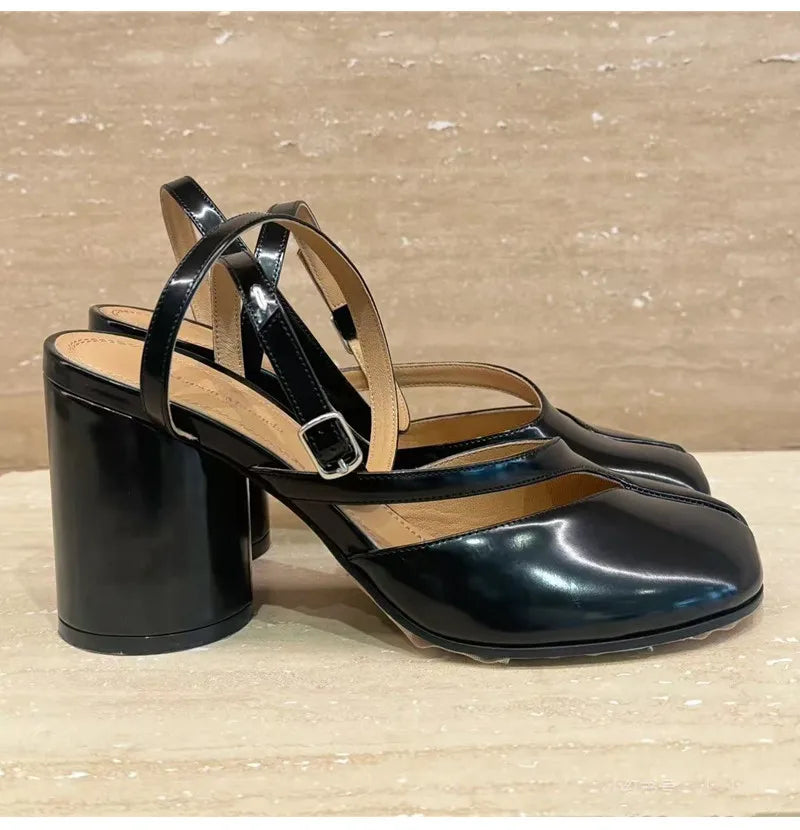 Ins style Fashion Patent Leather Split Toe Women Pumps Spring Summer Thick High heels Slingbacks Female Tabi Chunky Casual Shoes