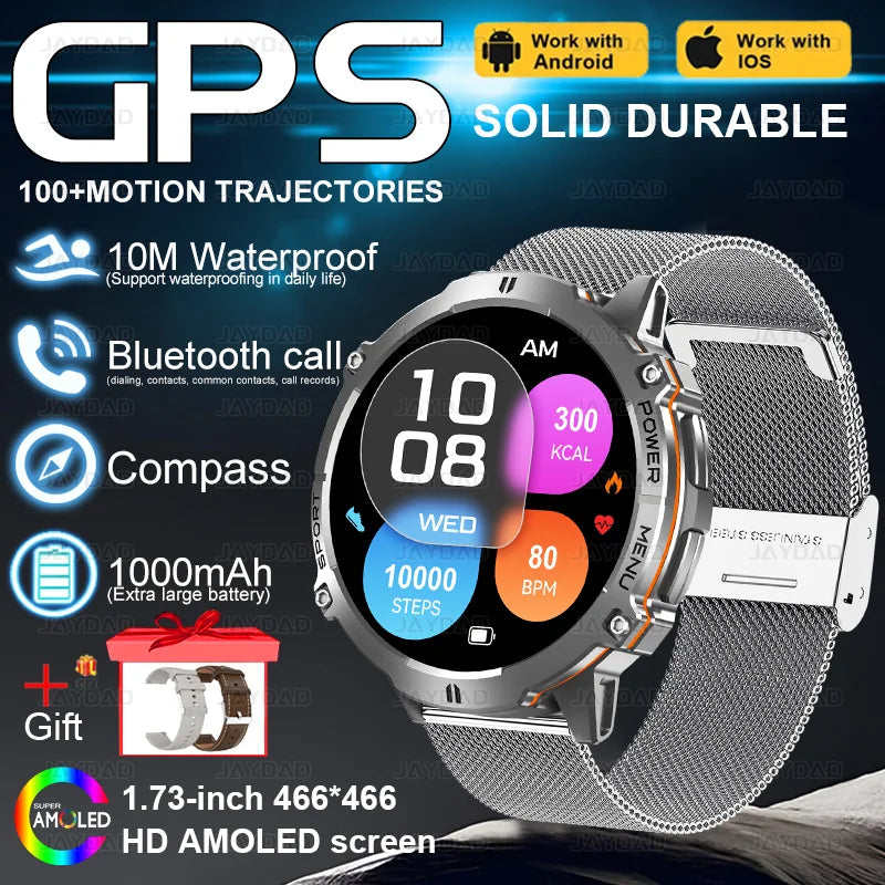 2025New Outdoor Military GPS Compass Smart Watch Men 1.73"HD AMOLED Screen 1000MAH Heart Rate BT Call IP68 Waterproof Smartwat