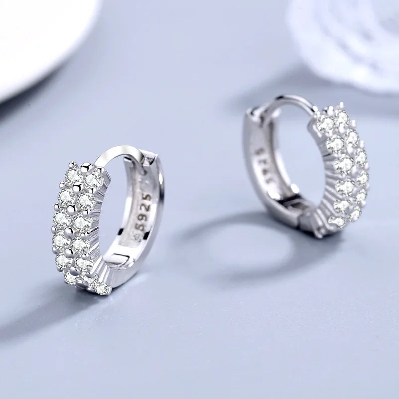 JewelryTop store 925 Sterling silver needle Earrings Fashion High Quality Jewelry Double Row Crystal Zircon Round Stud - Kimlud