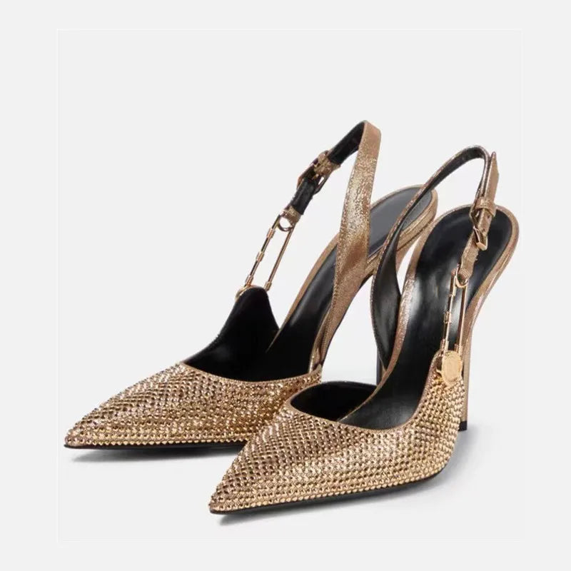Women Shoes Luxury Rhinestones Sequined Buckle High Heels Elegant Pointed Toe Slingbacks Stiletto Shoes for Women Fashion Shoes