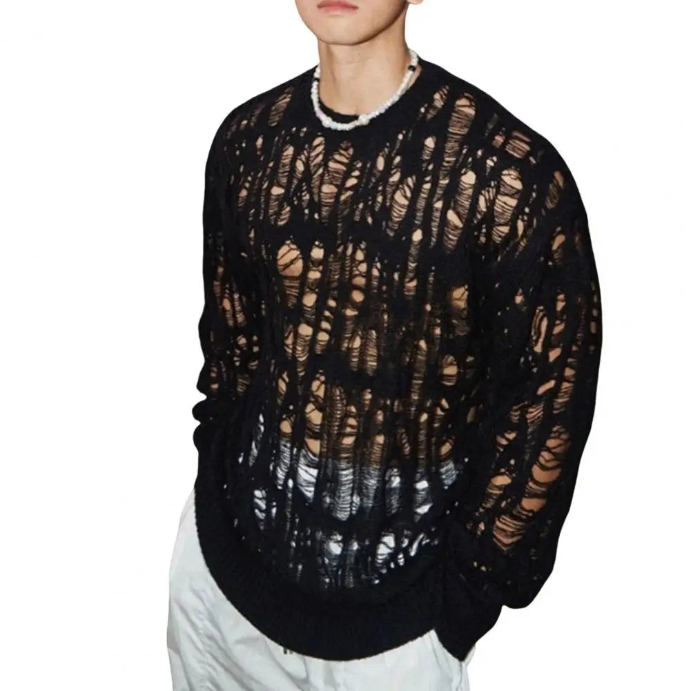 Men Tops Hollow-Out Mesh Knit Tops Crew Neck Long Sleeve Knitted T-Shirt Men Clothing Retro T-Shirt Spring Streetwear - Kimlud