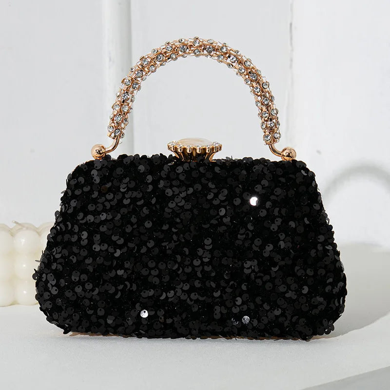 Luxury Women Shiny Sequins Evening Handbag Crystal Diamond Clutches Purse with Rhinestone Top Handle Lady Shoulder Messenger Bag - Kimlud