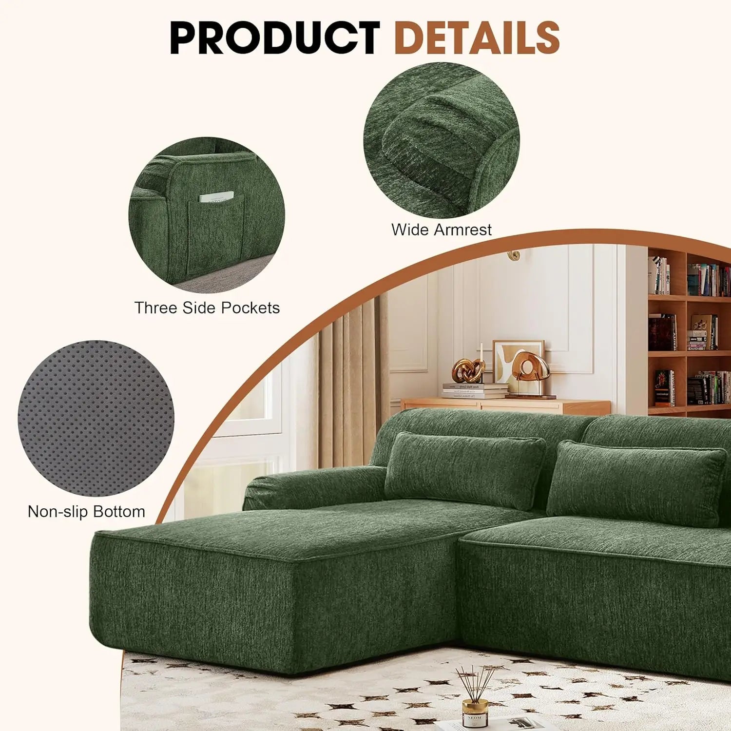 L-Shaped Modular Sectional Chenille Sofa 3 Pockets Scratch Pet Friendly Living Room 102in Left Facing Green, Customized...