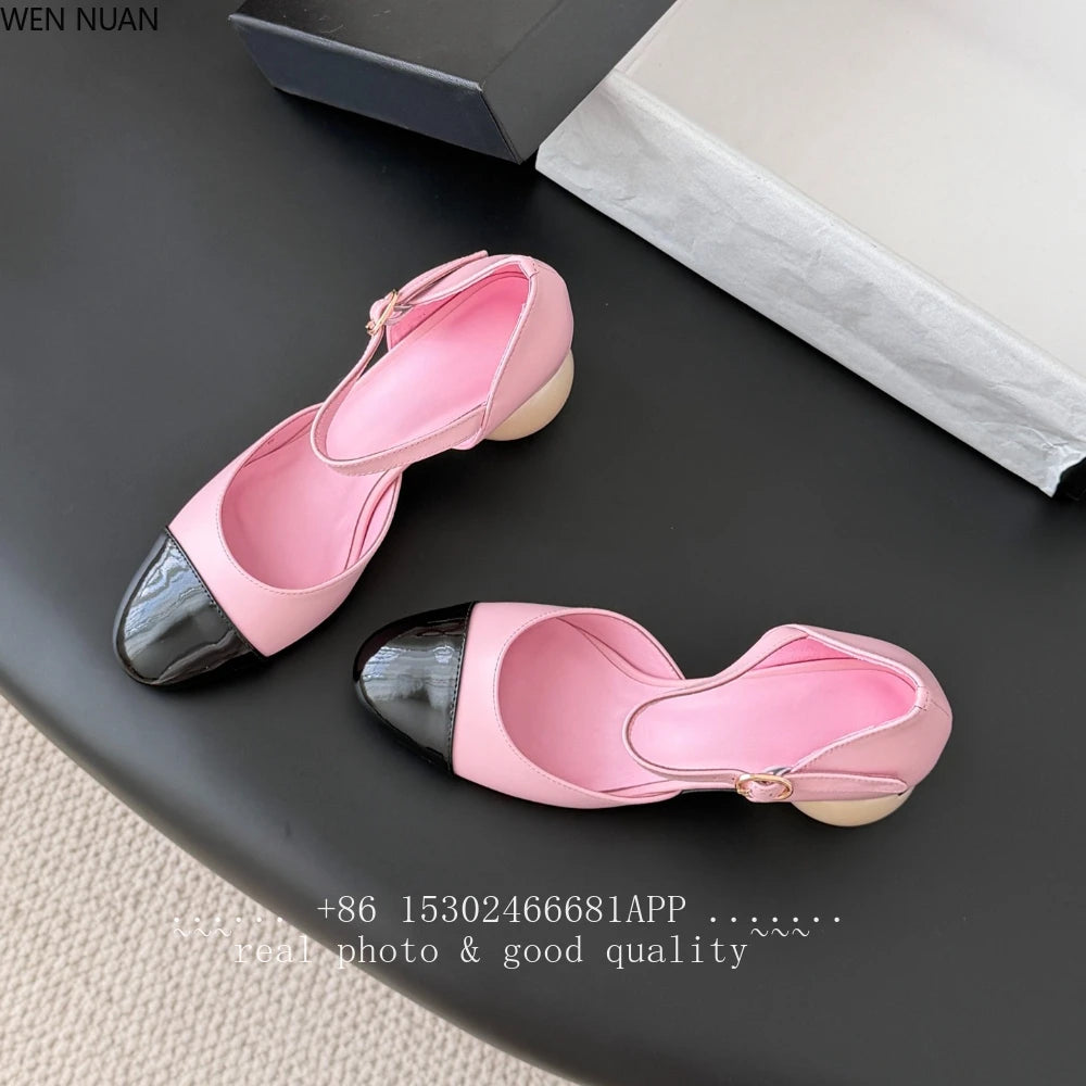 2026 New Genuine Leather Sandals Women Mary Jane Shoes Large Round Pearl Heels Buckle Strap Jane Women's Shoes Leather Side Open - Kimlud