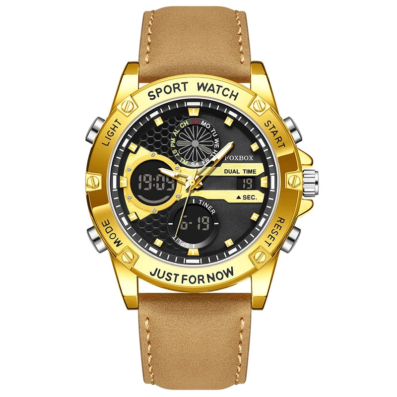 FOXBOX Fashion Men's Luxury Watch Leather Strap Quartz Watches Business Dual Display Waterproof Date Chronograph Man Watch+Box - Kimlud
