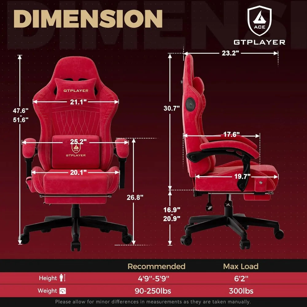 Gaming Chair with Built-in Speakers & Bluetooth, Ergonomic Reclining Design with Footrest for Adults - Red Velvet