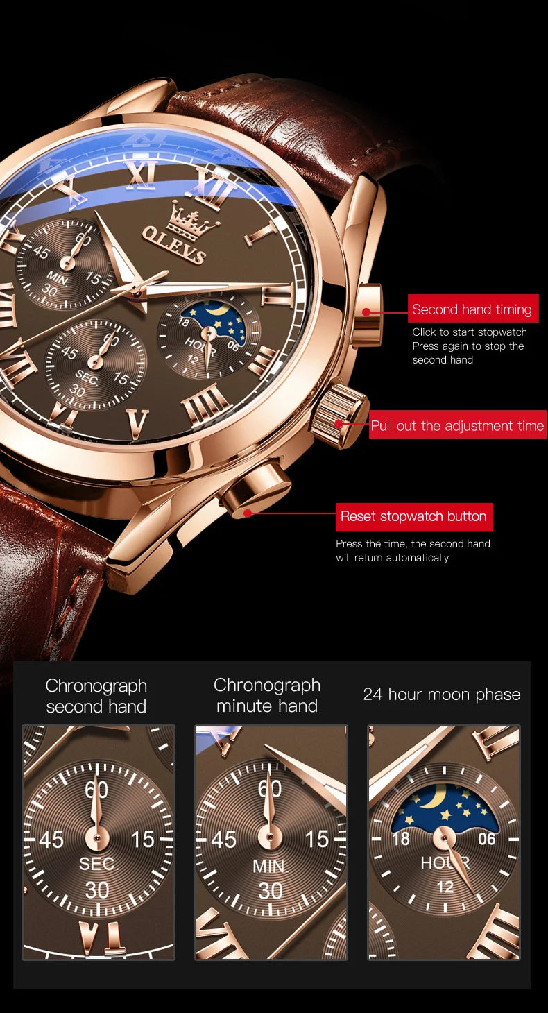 OLEVS 2871 Men Watch Original Brand Quartz Watch Multifunctional Chronograph Watch For Man Waterproof Luminous Moon...