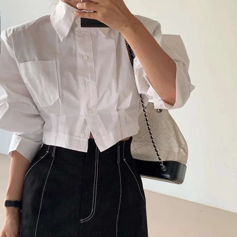 Spring Summer Women Turn-down Collar Long Sleeve Shirts Solid Color Hollow Out Blouse Korean Fashion Lady Elegant Button Tops